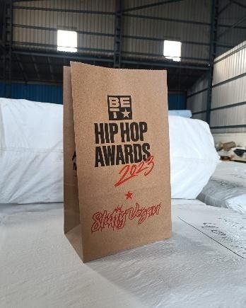Brown kraft SOS bag printed in red for the BET Hip Hop Awards