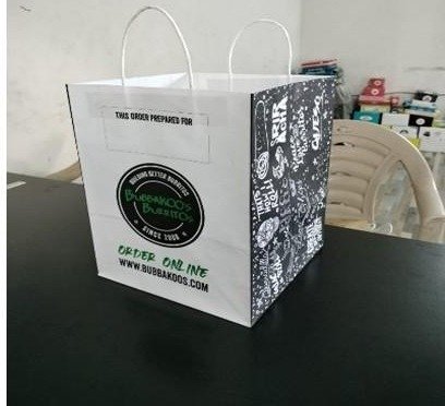 White cube handle bag printed in black for Bubbakoo's Burritos