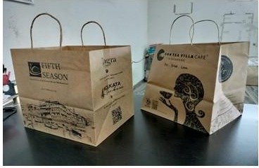 Kraft handle bags printed with line illustrations for Fifth Season and Tea Villa Café