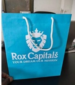 Cyan premium bag with white rope handles printed for Rox Capitals