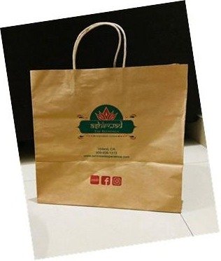 Brown kraft handle bag printed in green and orange for Sahi Rasoi